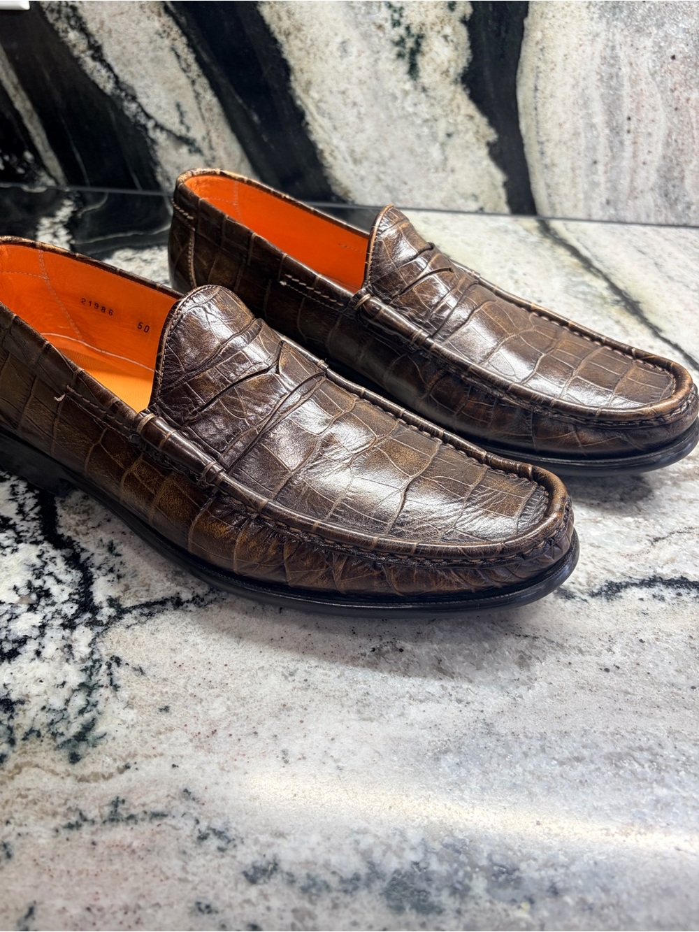 Santoni Croc Embossed Penny Loafers Brown Leather US 10 UK 9.5 Italy - Picture 2 of 11